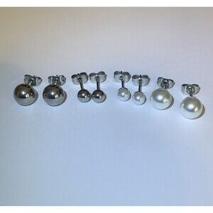 4 Pairs Stainless Steel and Faux Pearl Round Ball Stud Earrings 2 Sizes